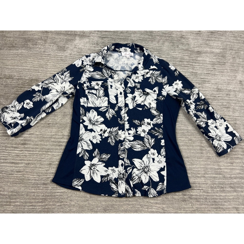Anneliese Button Down Shirt Womens Med Navy Floral 3/4 Sleeve Ribbed Side Panel